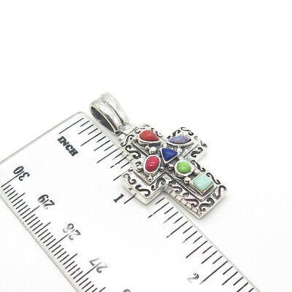 925 Sterling Silver Vintage Lapis Lazuli Coral & Turquoise Gem Cross Pendant - Picture 3 of 8
